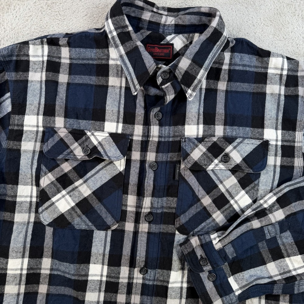 Five Brother Flannel Shirt Mens XL Blue Plaid Flap Pocket Button Up Cotton